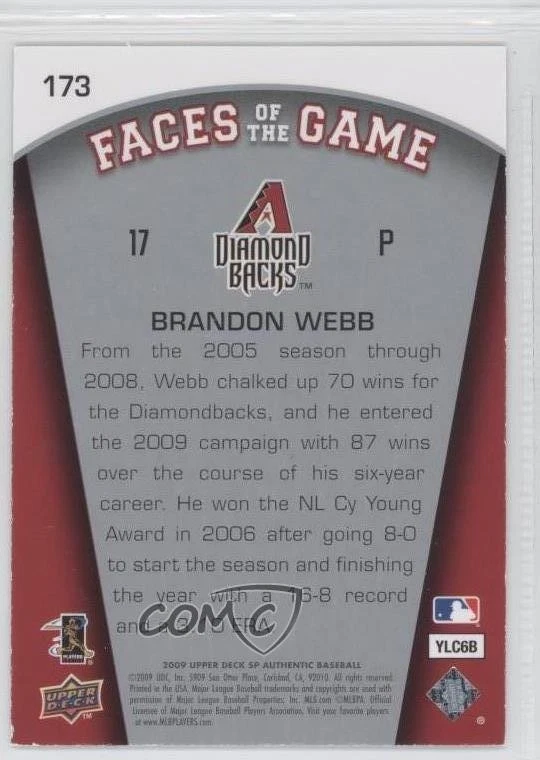2009 SP Authentic Faces of the Game Gold /299 Brandon Webb #173 - Image 2 of 2