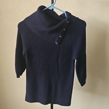 Ann Taylor Navy Blue Ribbed Buttoned Cowl Neck Pullover Sweater XS Merino Wool