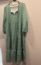 Women’s Green/White Geometric V-Neck Long Sleeve Maxi Midi Pullover Dress XL