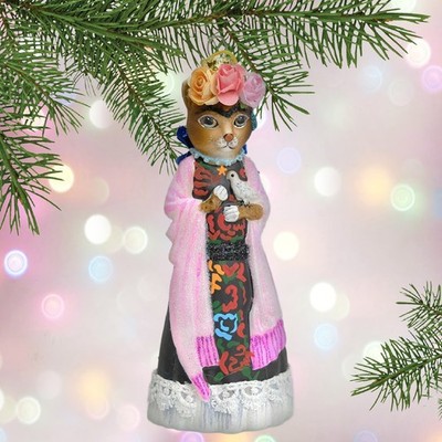 FRIDA CATLO CHRISTMAS TREE ORNAMENT 6.5'' Glass Adorable Cat Mexican Artist Kahlo