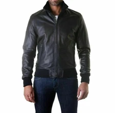 Men's Authentic 100% Genuine Lambskin Leather Black Bomber Retro Biker Jacket