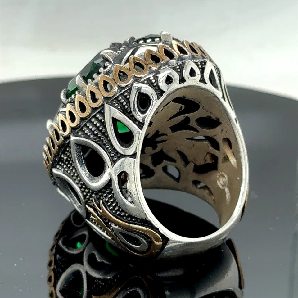 Anillo modelo tulipán grande de plata 925 para hombre con piedras preciosas de circón verde Foto 4 de 4