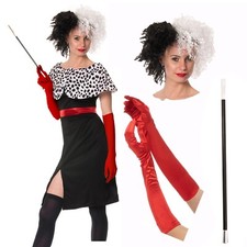 Cruella De Ville Dog Lady 101 Dalmatian Wig Gloves Fancy Dress Costume Glove Wig