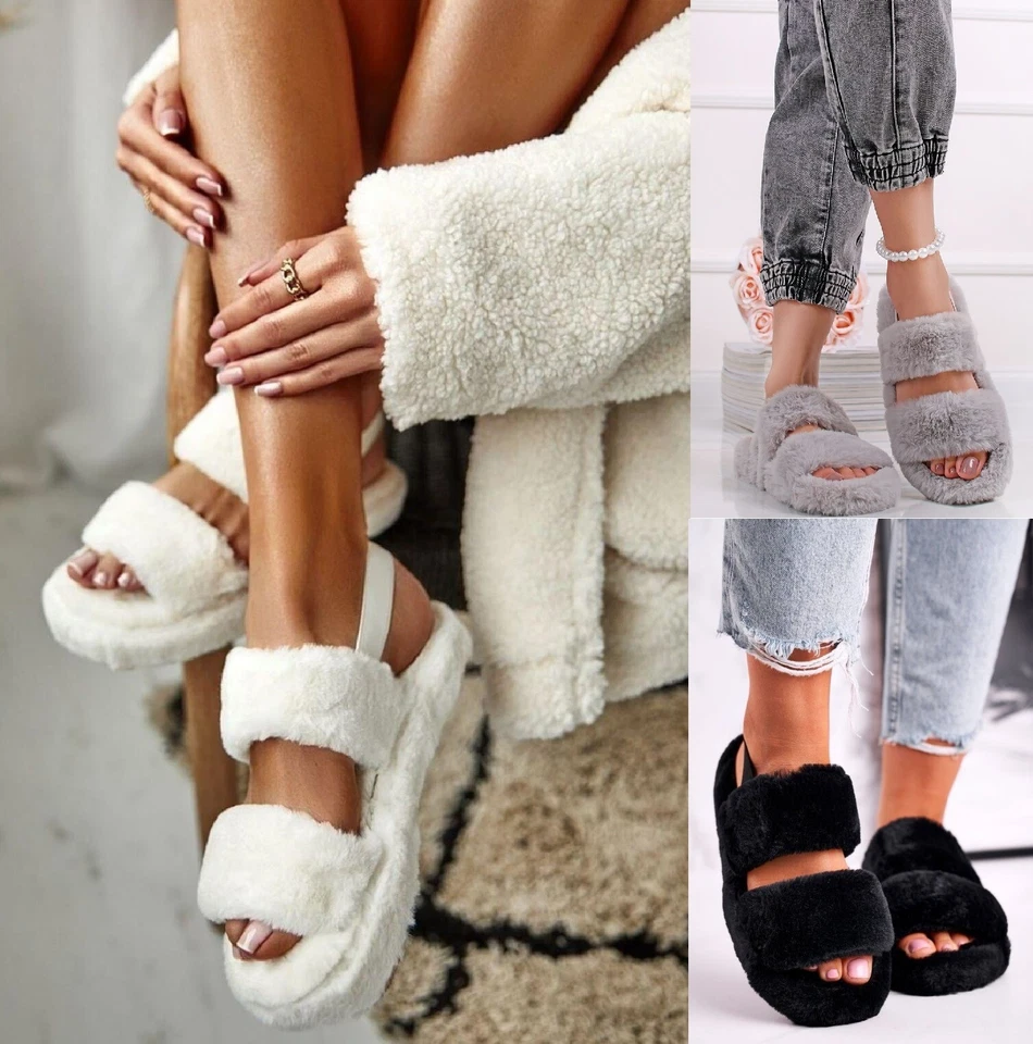 WOMENS WARM COMFY SLIDERS SLIPPER SANDALS LADIES FLAT FLUFFY FAUX FUR SIZE 3-8