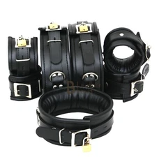 Thick Real Leather Wrist Ankle Thigh Cuffs & Collar Restraint Set Black 8 Pieces