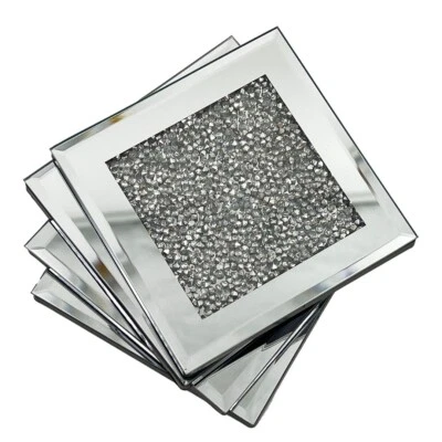 Reflective Silver Sparkling Diamond Mirrored Glass Coaster Set of 4 Mat Home Dec - Image 1 of 4