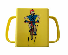 VTG Mug Yellow Plastic 2 D Handle Cup child BICYCLE 3 RECTANGLE MOMMY'S helper