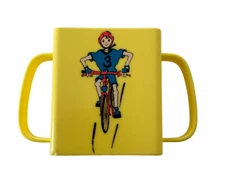VTG  Mug Yellow Plastic 2 Handle Cup child's BICYCLE #3 RECTANGLE MOMMY'S helper