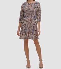 Tommy Hilfiger Womens Blue Printed 3/4 Sleeve Tie-Neck Shift Dress Size 6