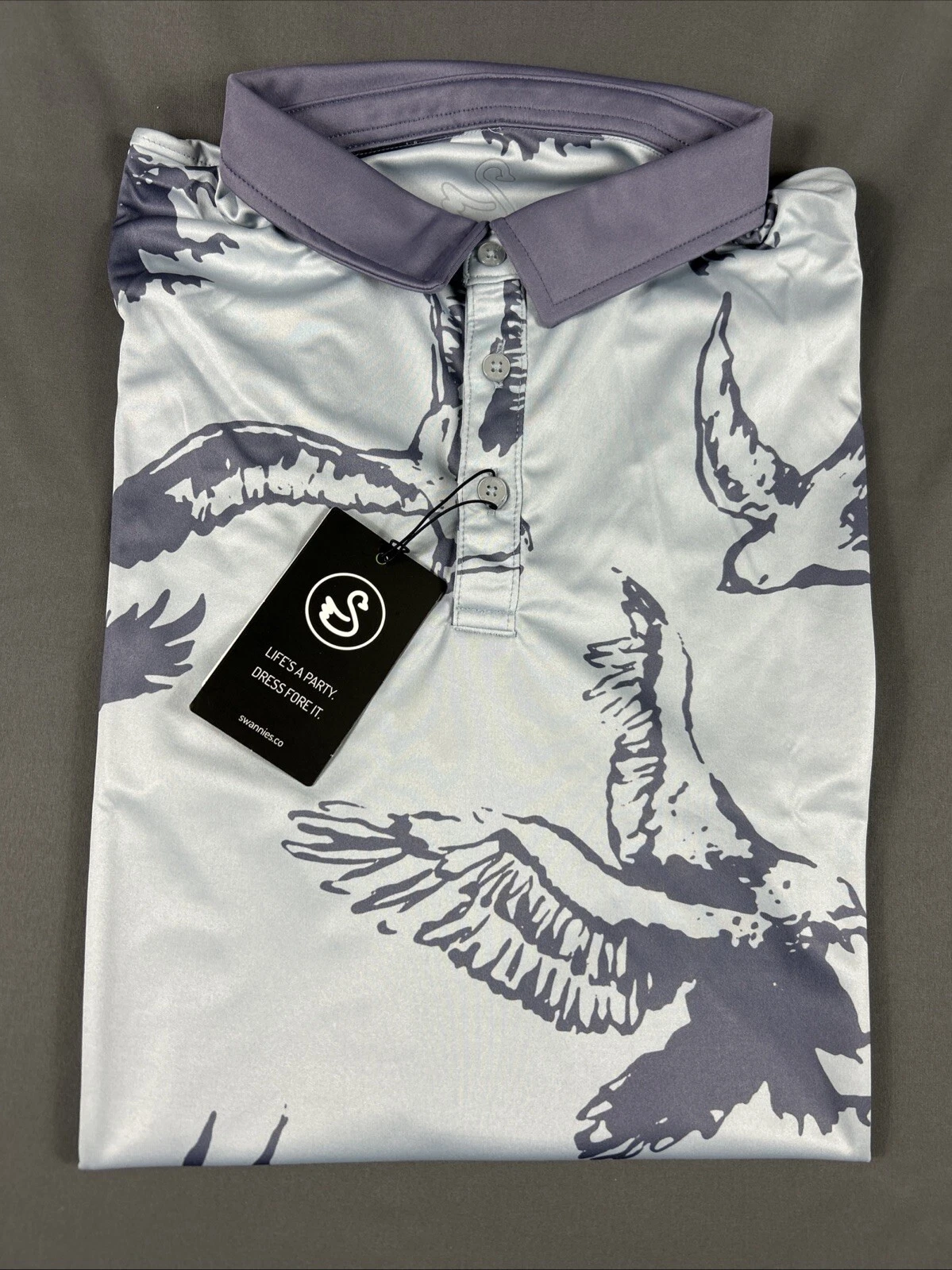 Swannies Golf Shirt Polo Austin Bird Print XL Blue Gray Polyester NWT MSRP $89