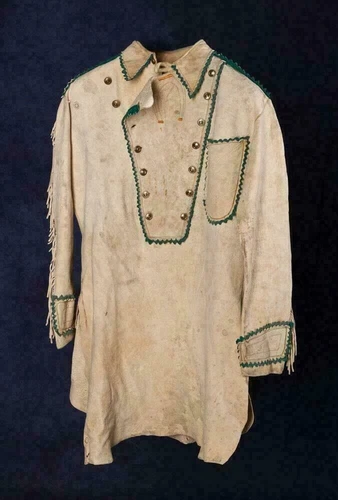 Men Old Native American Western Buckskin Buffalo Leather Fringe War Shirt Beaded - product listing photo