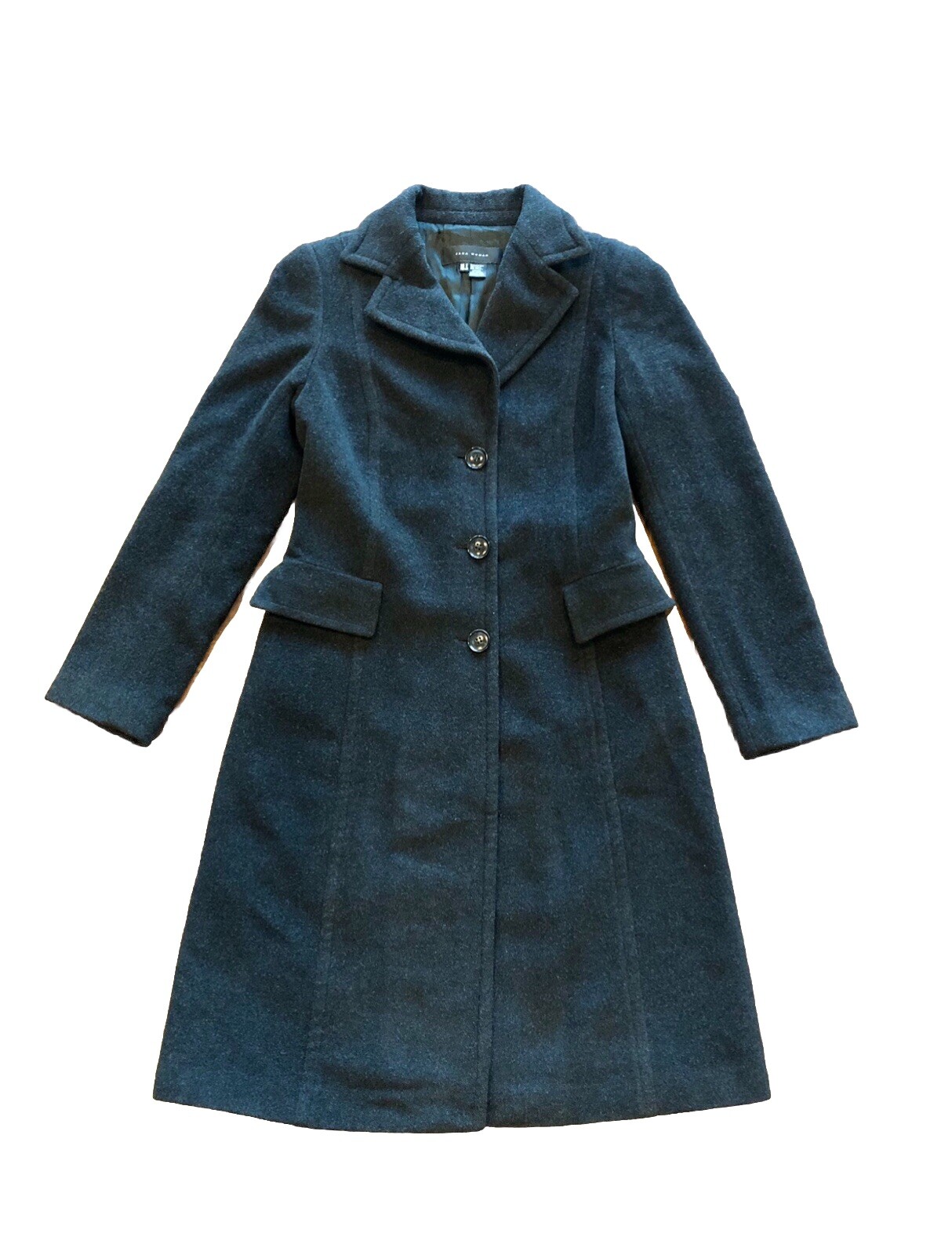 Zara black coat size small bustle overcoat lined pockets wool 3 Button Front