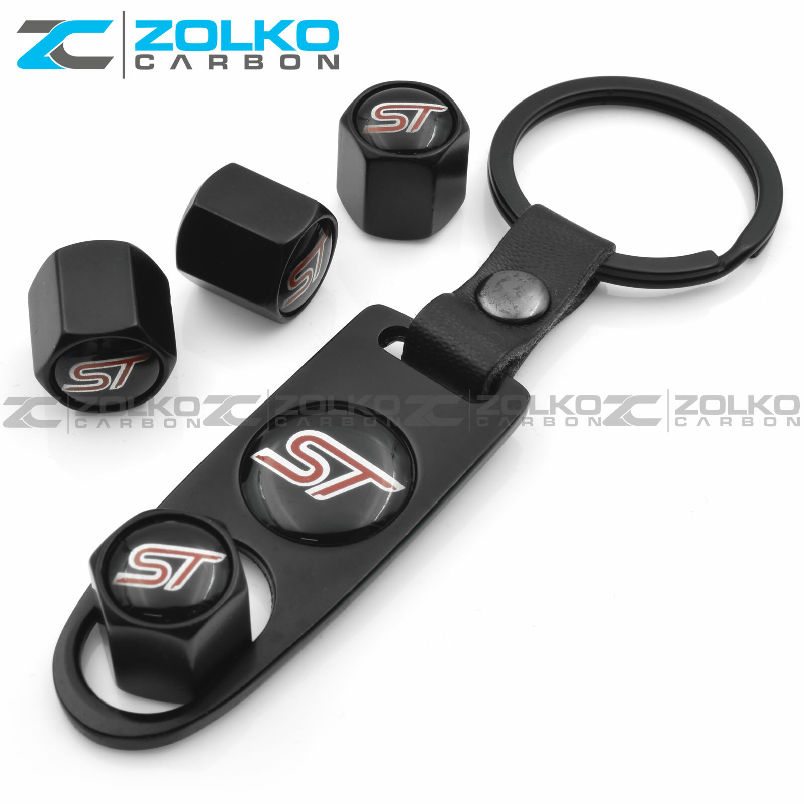 VALVE STEM CAPS + KEYCHAIN WHEEL TIRE BLACK - US SELLER