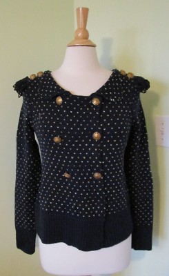 ANTHROPOLOGIE LEIFSDOTTIR XS NAVY WOOL Dot lapel peter pan CARDIGAN SWEATER 