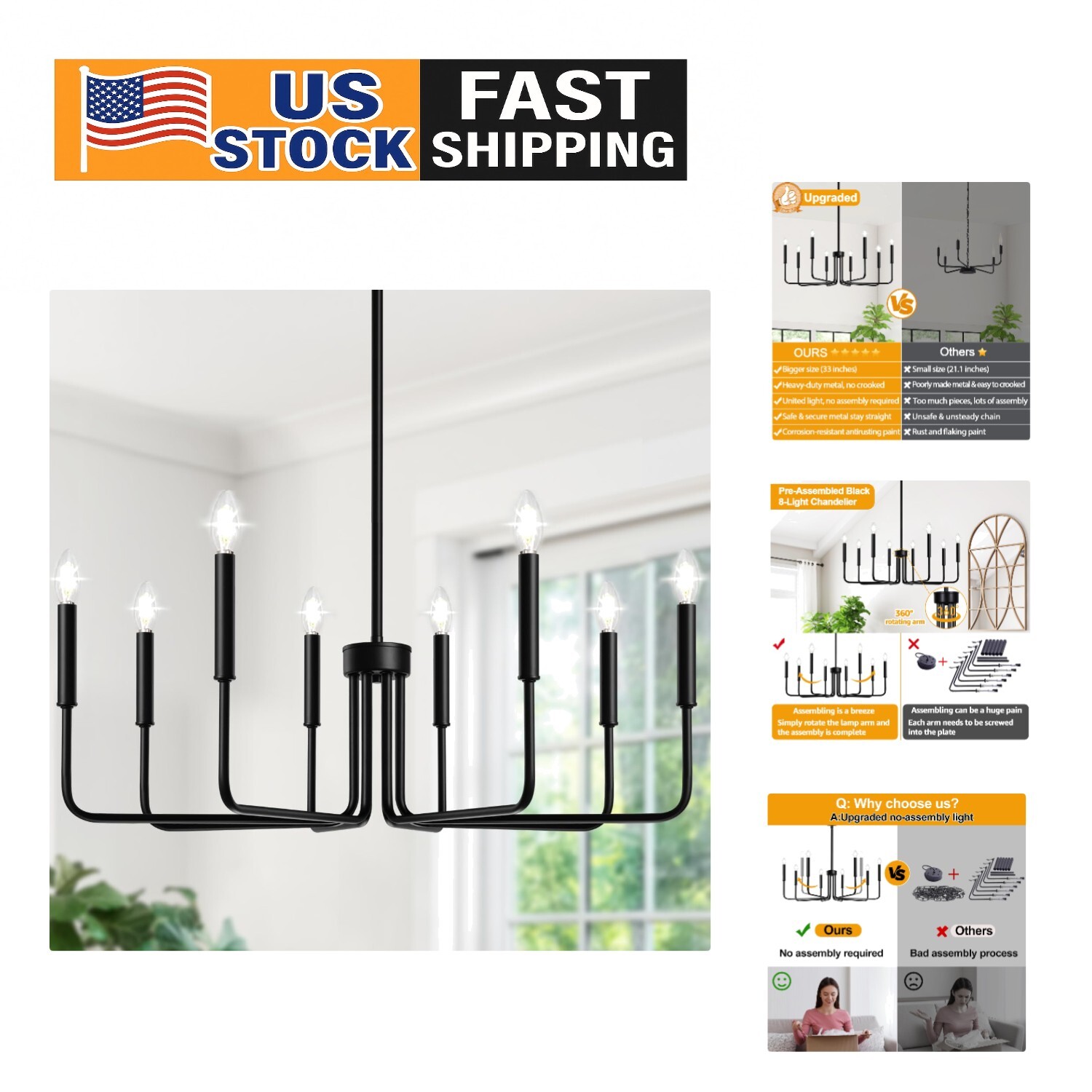 Elegant 8-Light Black Adjustable Candle Chandelier for Easy Installation