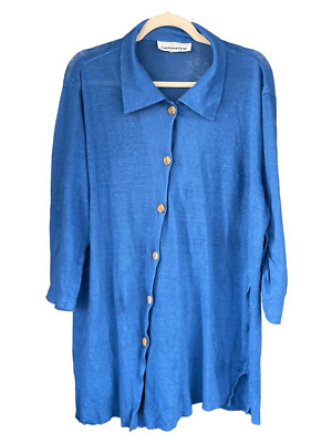 B7 Caroline Rose Button Up Linen Tunic Blouse Blue XL