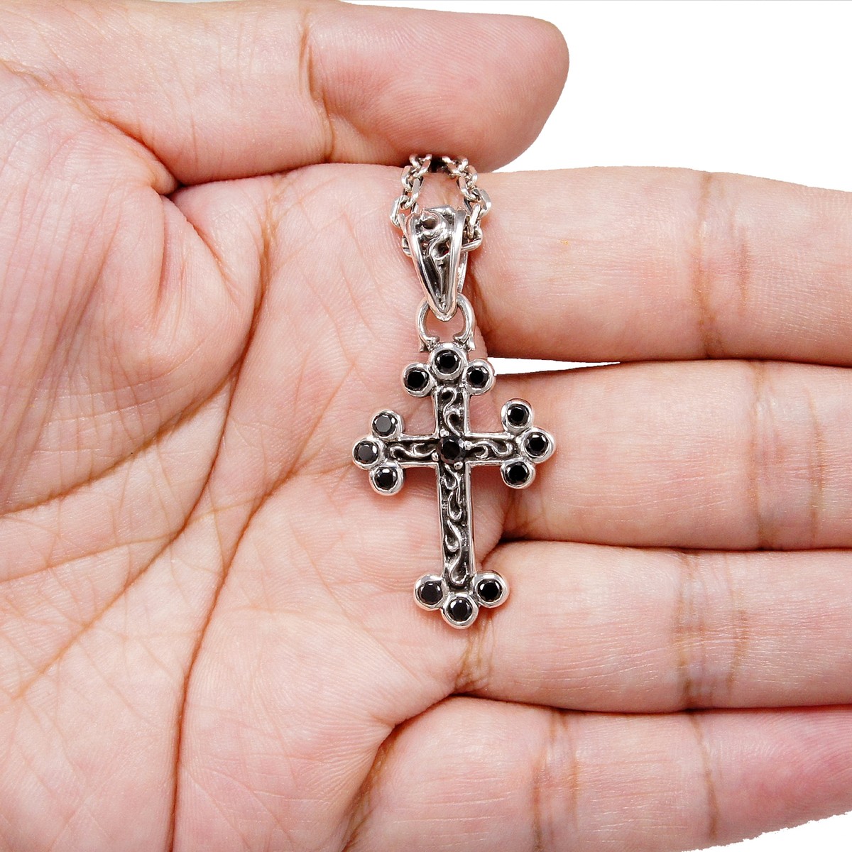 BLACK CZ CROSS 925 STERLING SILVER BIKER GOTHIC ROCKABILLY