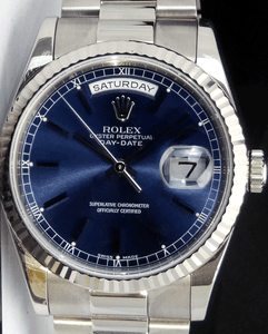 ROLEX-Mens-18kt-WHITE-GOLD-Day-Date-PRESIDENT-Blue-Stick-118239-SANT-BLANC