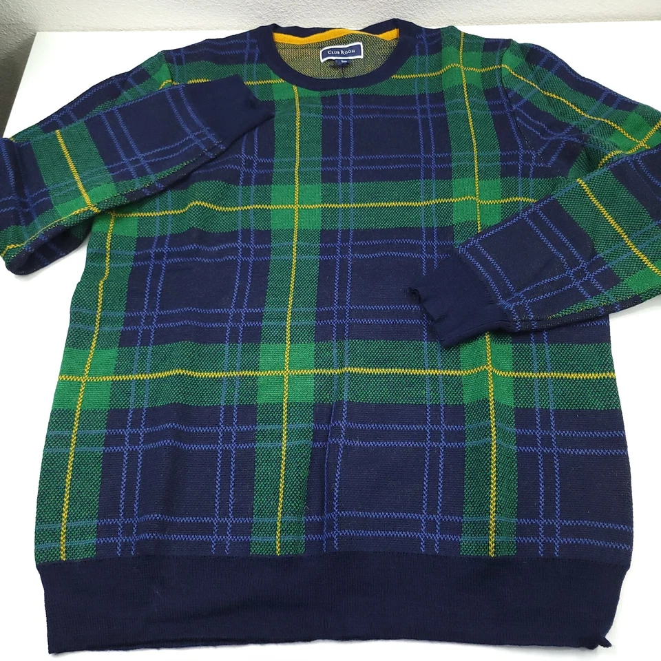 Suéter de mesa Club Room verde y azul a cuadros mezcla de lana merino cuello redondo para hombre grande Foto 3 de 4