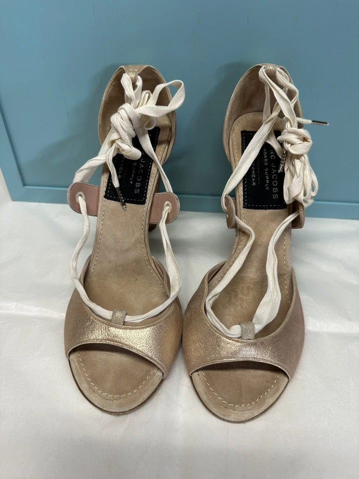 Marc Jacobs  Collection Women  Sz 8.5/ 39 Champagne Suede Lace Sandal Heels - Image 2 of 4