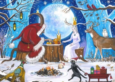 5x7 PRINT OF PAINTING RYTA KRAMPUS BLACK CAT CHRISTMAS YULE SOLSTICE DEER ART