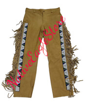 Mens Cognac Buckskin Suede Hide Sioux Beaded Fringe Powwow Regalia Pant NAP701