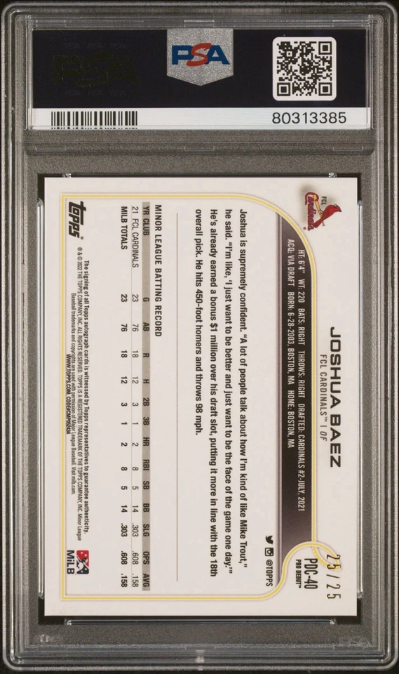 2022 Topps Pro Debut Joshua Baez Auto /25 Orange Lava Refractor Gem Mint PSA 10 - Image 2 of 2