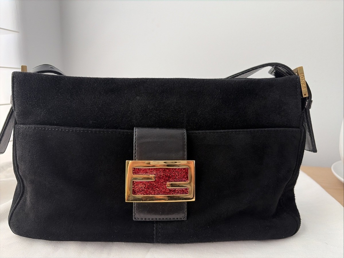 Fendi Vintage Baguette Black Suede Rare Red Enamel FF Clasp Y2K