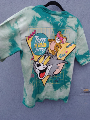 Vintage 96 Herren Tom N Jerry Grafik Batik Tshirt Medium Pull N Bear grün 