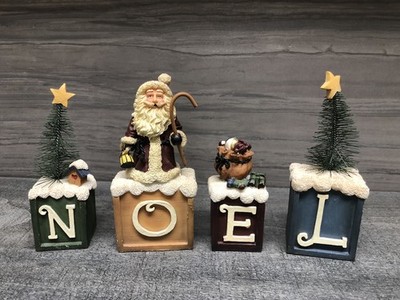 Crazy Mountain Folk Art Santa W/Trees NOEL Block Set With Snow & Winter Accents