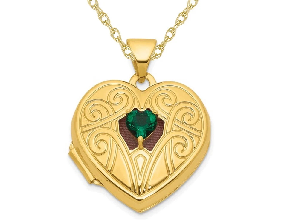 1/5 Carat (ctw) Lab-Created Emerald Heart Pendant Necklace in 10K Yellow Gold wi