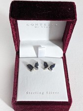 Contessa Di Capri Sterling Silver Blue Diamante Butterfly Earrings - Brand New