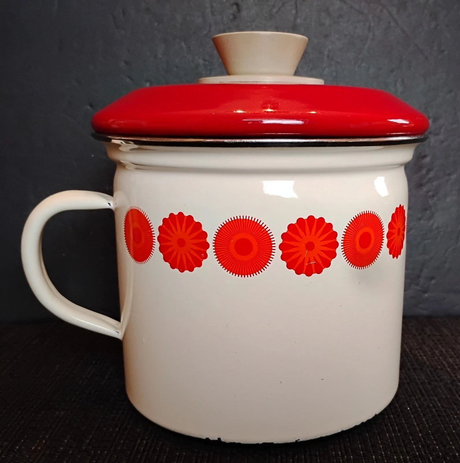 Vintage Austrian Enamel Cookware Riesswerke MCM Orange Red Floral Pattern W/ Lid