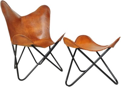 Butterfly Chair & Hocker Set Mid-Century Modern Leder Retro Lounge P