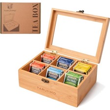Teebox, Bambus, 6 Fächer, Teekiste mit Sichtfenster, Organizer für Teebeutel,...
