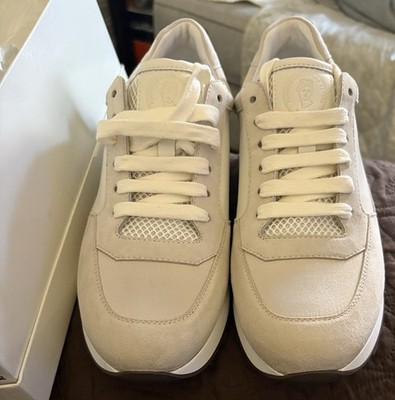 Peserico Trainer Beige White Lace-Up Low Top Athletic Sneakers Leather Suede
