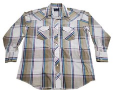 VINTAGE Wrangler Shirt Mens 17.5 35 X Long Tails Cowboy Cut Pearl Snap Western