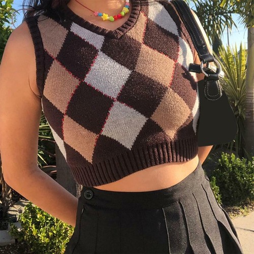 WomenS Brown Argyle Knitted Vest 
