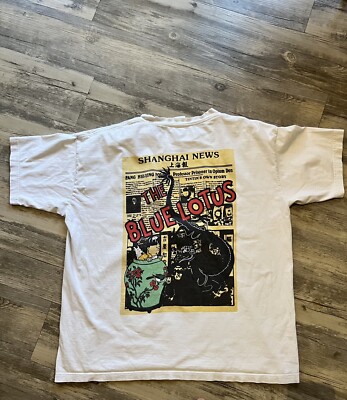 T-shirt Vintage Tintin Le Lotus Bleu Années 1990 - Taille L, Blanc, Occasion En Très Bon état