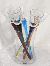 Elements Hand Blown Art Glass 7 Piece Shot Glass Set Colorful Stems Clear Cups