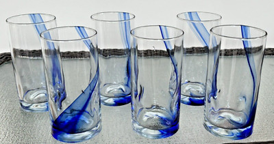 Set of 6 Libby Blue Streak Glasses New with Box Beautiful and Hard To Find