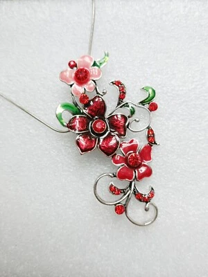Filigrane Kette silberfarben  Anhänger Blumen Zweig Blätter rot Modeschmuck - Bild 1 von 4