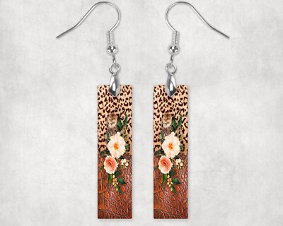 Leopard and Leather Print Rose Western Dangle Wood Bar Printed Earrings Jewelry