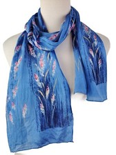The Speciality House Womens Scarf 100 Silk Floral Reeds Hand Rolled Blue