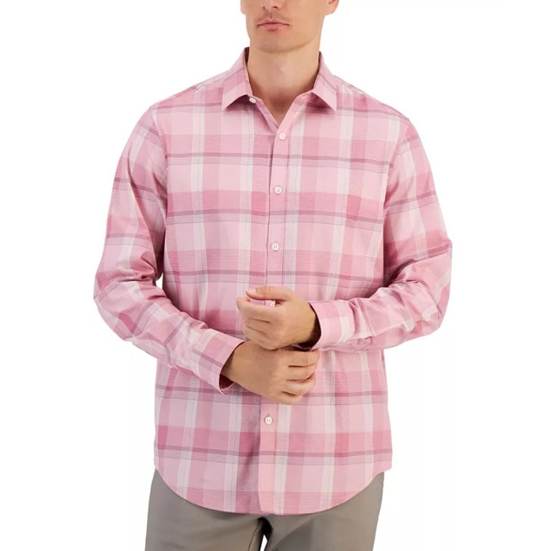 Alfani Mens Pink Plaid Cotton Dobby Regular Fit Button Down Casual Shirt Size S