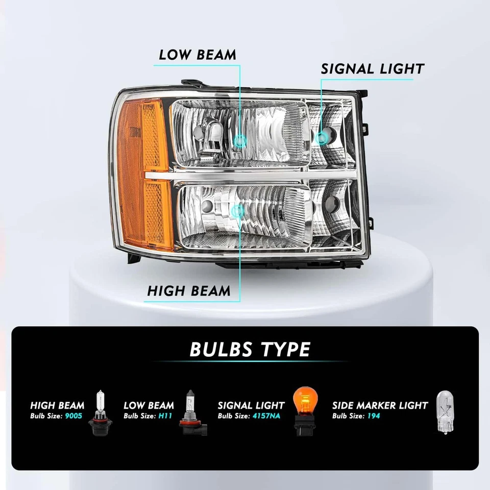 For 2007-2013 GMC Sierra 1500 2500HD 3500HD Denali Headlights LH+RH Chrome Amber Foto 2 de 4