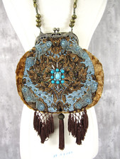 Mary Frances Lace Plush Beaded Jeweled Handbag Kiss Clasp Missing Beads