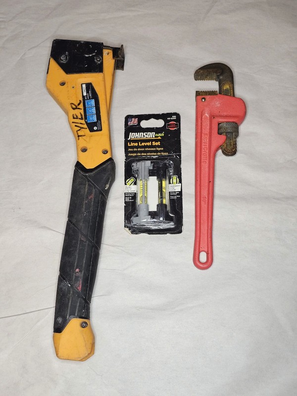 pipe wrench and Bostitch 3 Stick Heavy Duty Hammer  lot 6Feb6_8