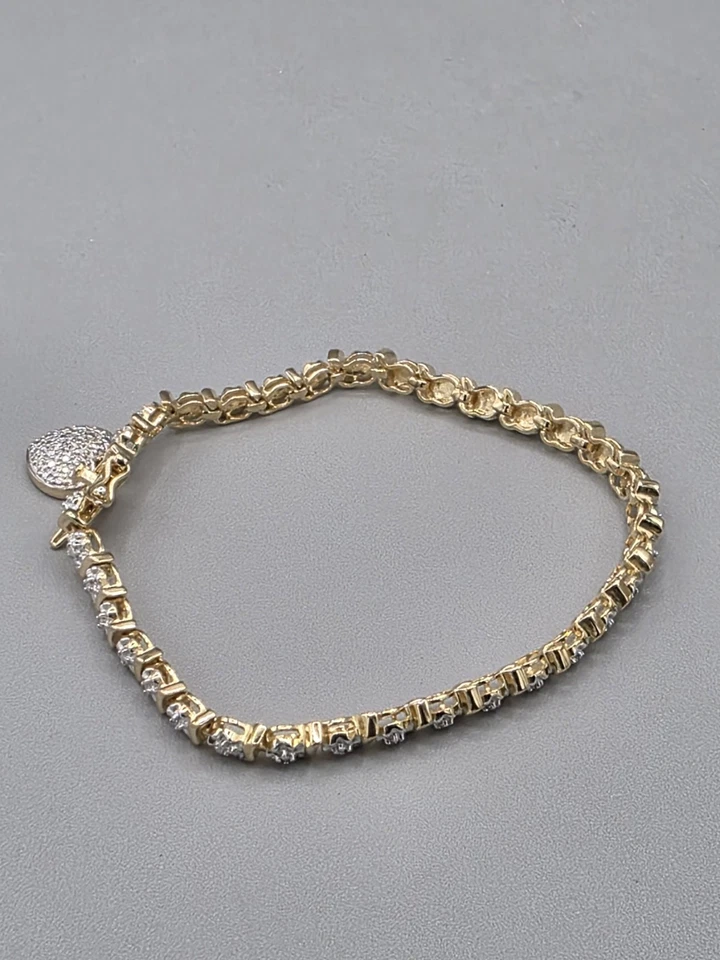 纯银 925 金 Vermeil 方晶锆石 CZ 网球手链 带心形饰品 — 第 3/4 张图片