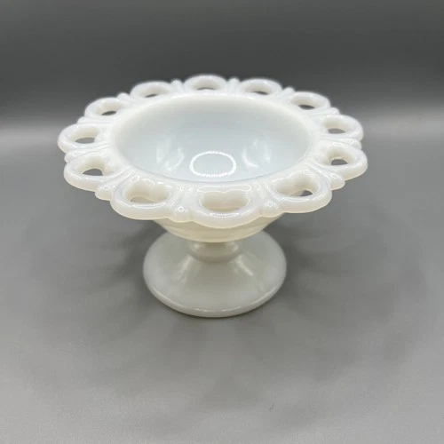 Vintage Milk Glass Lace Edge Compote Pedestal Bowl 5” Open Loop